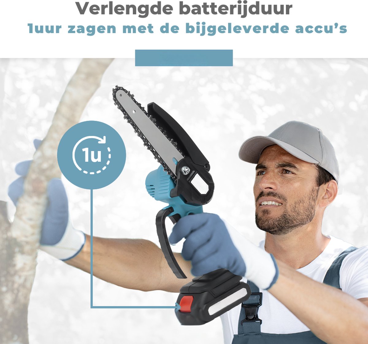 Mini-kettingzaag, 15 cm borstelloze takkenzaag met automatische olie
