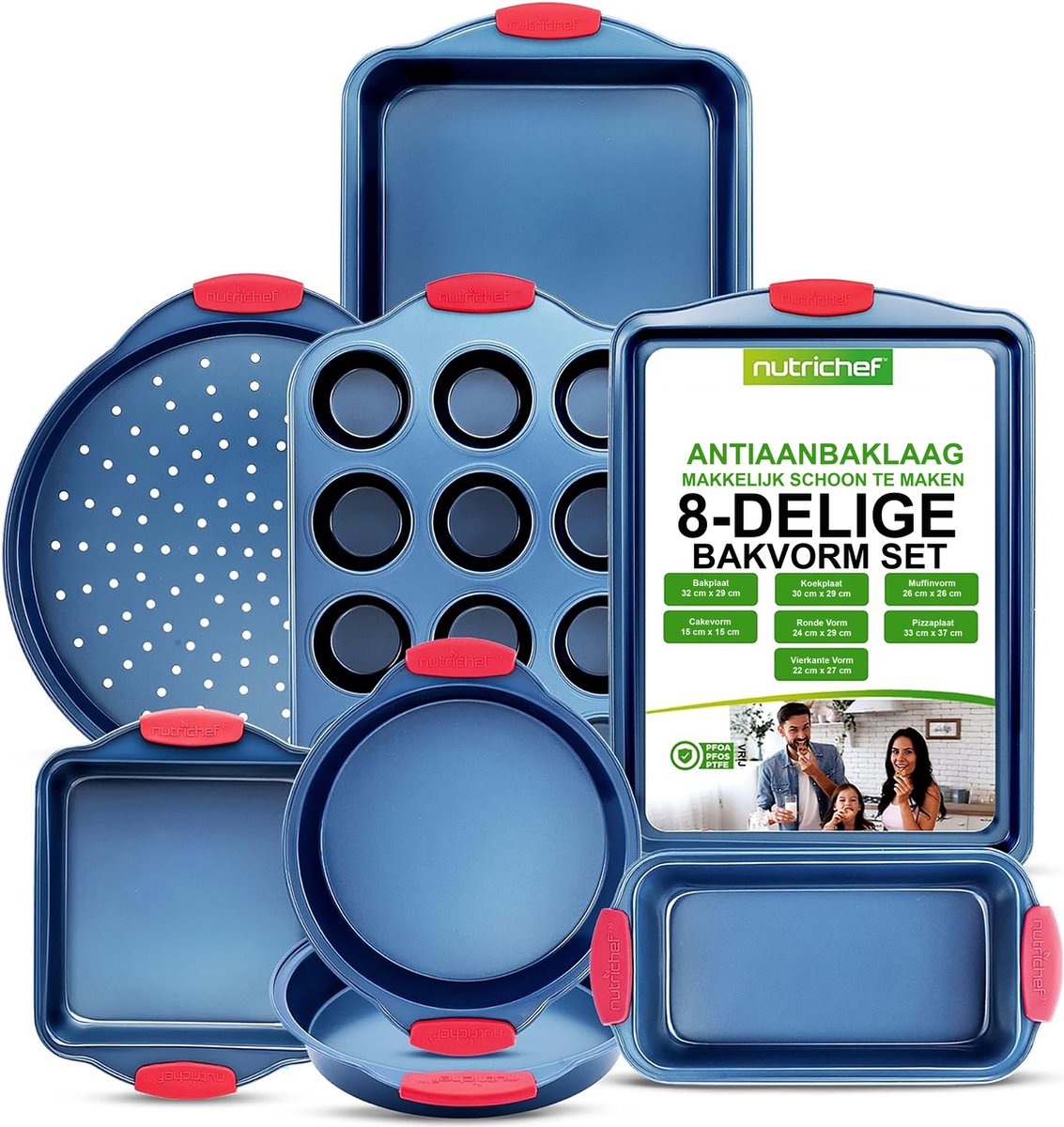 NutriChef, bakvorm set ,8-delige Anti-aanbak Bakvormenset - Premium Koolstofstaal Bakgerei met Siliconen Handvatten - Inclusief Pizzapan, Broodpan, 12-Cup Muffinpan, Ronde/Vierkante Pannen en Bakplaat - Blauw