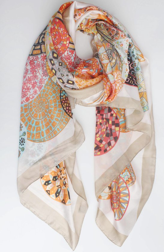Onesto scarf- Accessories Junkie Amsterdam- Sjaal dames- Lang- Katoen satijn- Cosy chic- Fantasie print- Taupe oranje beige