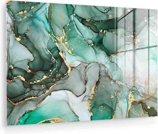 MuchoWow® Glasschilderij 180x120 cm - Schilderij acrylglas - Goud - Marmer - Groen - Luxe - Marmerlook - Grijs - Foto op glas - Muurdecoratie woonkamer - Wanddecoratie slaapkamer - Schilderijen