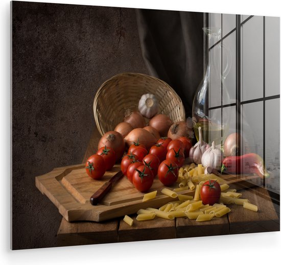 MuchoWow® Peinture sur verre 160x120 cm - Peinture sur verre acrylique - Planche à découper - Légume - Nature morte - Pâtes - Off - Tomate - Planche à découper - Photo sur verre - Peintures