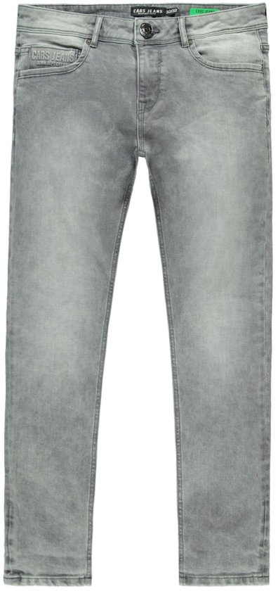 Voorkant van grijze jeans met Cars Jeans branding op het muntzakje en de tailleband.