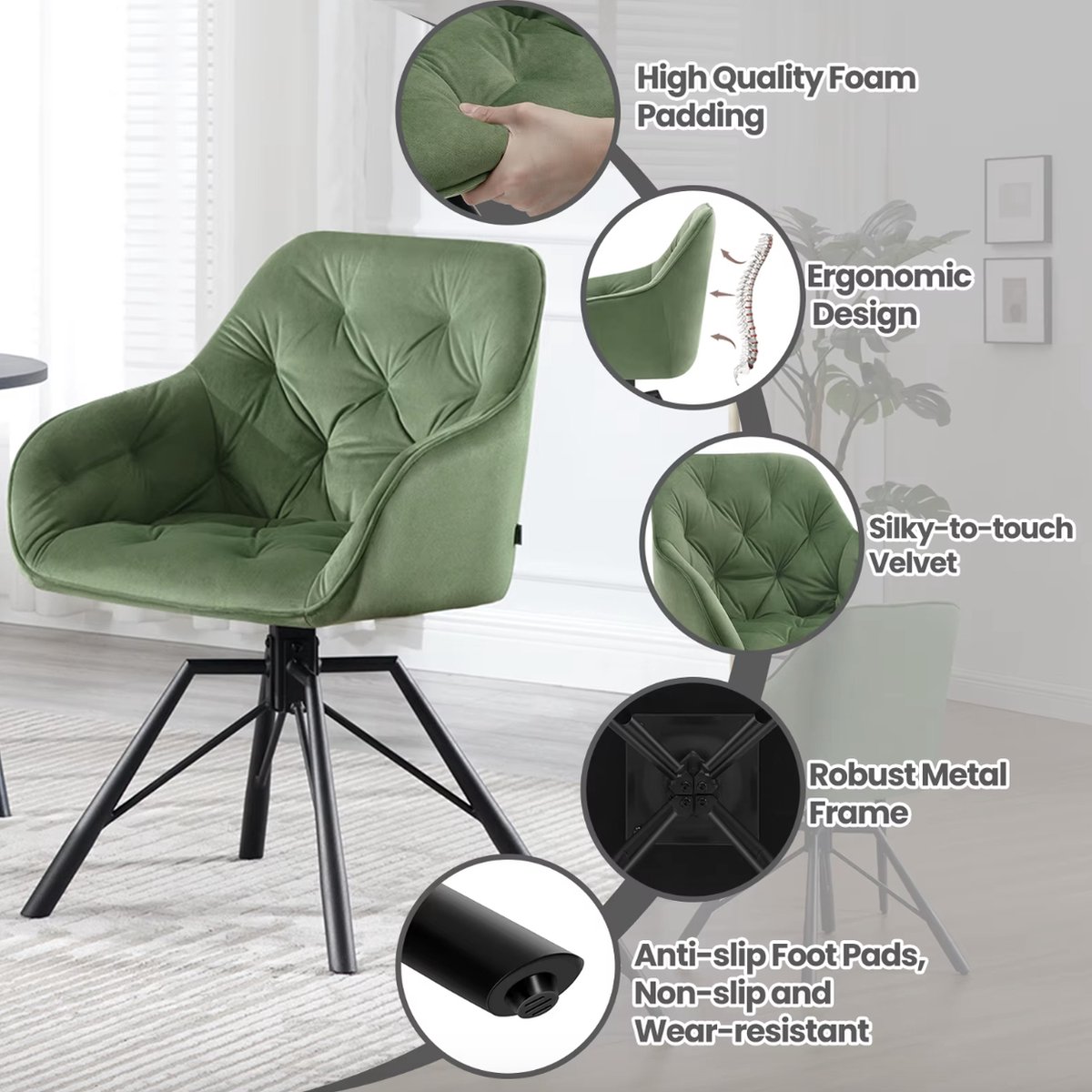 J&R Eetkamerstoel - Set van 2 stoelen - Fluweel eetkamer stoel - Eettafel stoel - Fauteuil - Draaibaar - Velvet - Metalen poot - Groen – foto 3