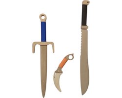 zwaarden set 3 delig Houten Sai dolk / Karambit mes / Machete | 52 cm lang kapmes klewang Houten kinder zwaard