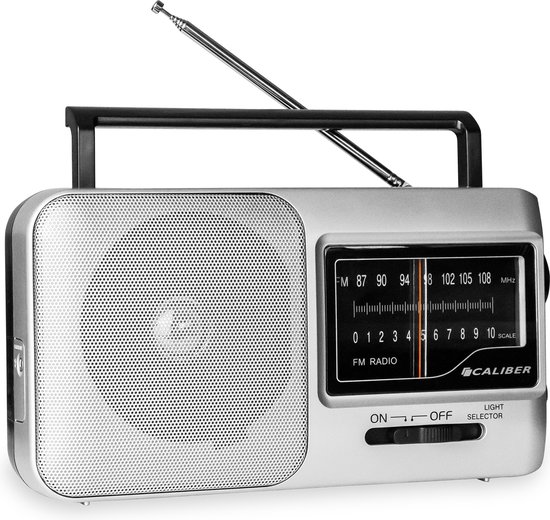 Caliber Radio - Geschikt als Noodradio - Radio op batterijen - Draagbare radio - Radio op batterijen voor rampen - Retro radio - FM radio - Keukenradio - Handvat - Koptelefoonaansluiting - Zilver (HPG317-R)