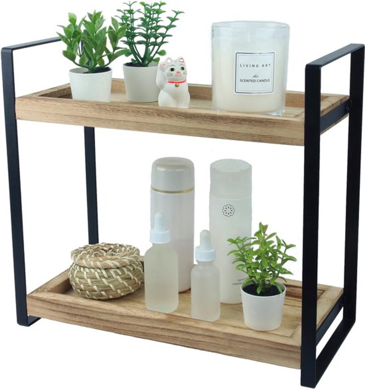 Staand rek badkamer organizer - badkamerrek zonder boren van hout en metaal zwart als rek voor badkameropslag, cosmetica of houten rek voor make-uptafel