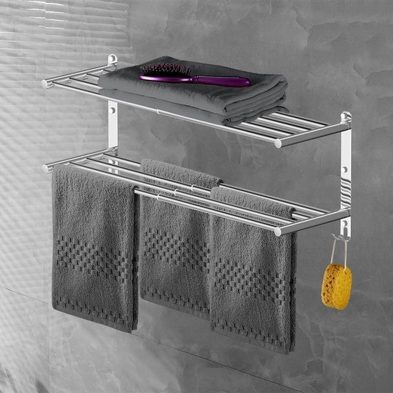 FROZEB Uitschuifbaar Handdoekenrek Roestvrij Staal Badkamer Opbergplank Houder Badrek Multi Handdoekstang Wandmontage Opvouwbare Handdoekrekken Met Haken 60cm
