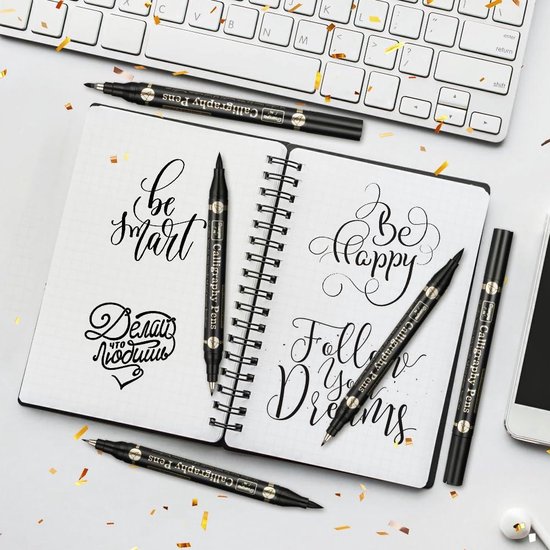 O-Kinee Kalligrafiepennen - 9 stuks kalligrafie balpen zwarte viltstift penseel pen - voor belettering, beginners dagboek, handtekening, belettering, design en tekening (4 maten
