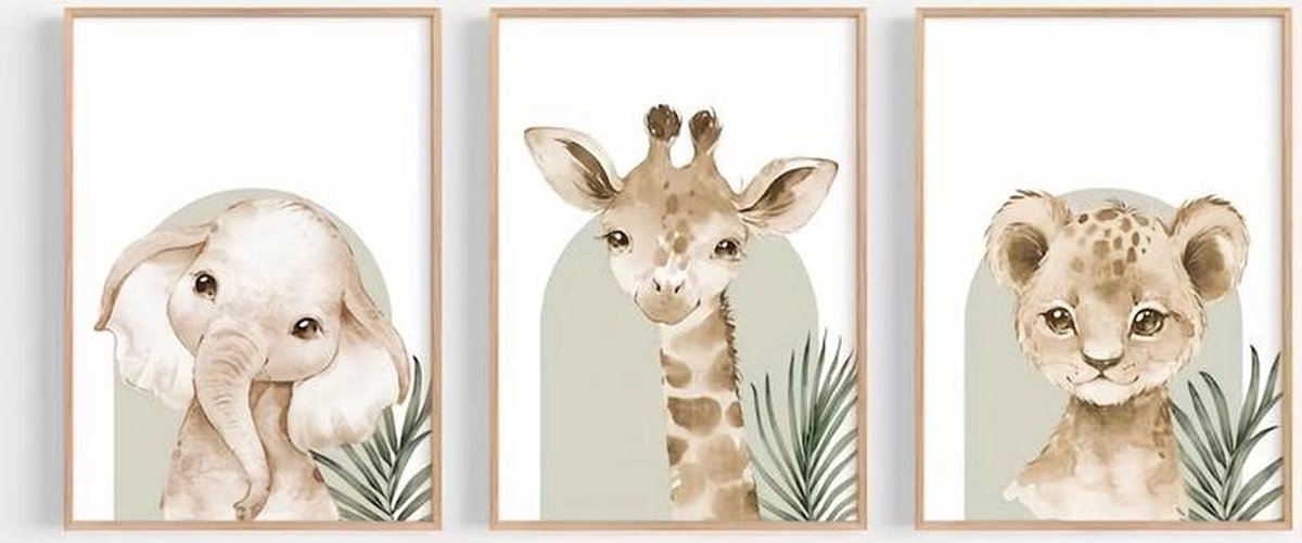 Canvas poster - Dierenposter - Baby poster - Muurposter - Binnenposter - Olifant - Giraf - Tijger - Kinderkamer - Kado - Zonder lijst - Dieren posters - Kinder posters - Muurdecoratie - Vintage posters - Trendy - babykamer - kinderkamer