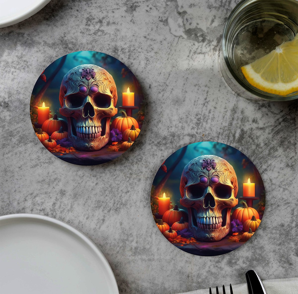 GR onderzetters voor glazen - Halloween Sad Skull - Vinyl - 6st