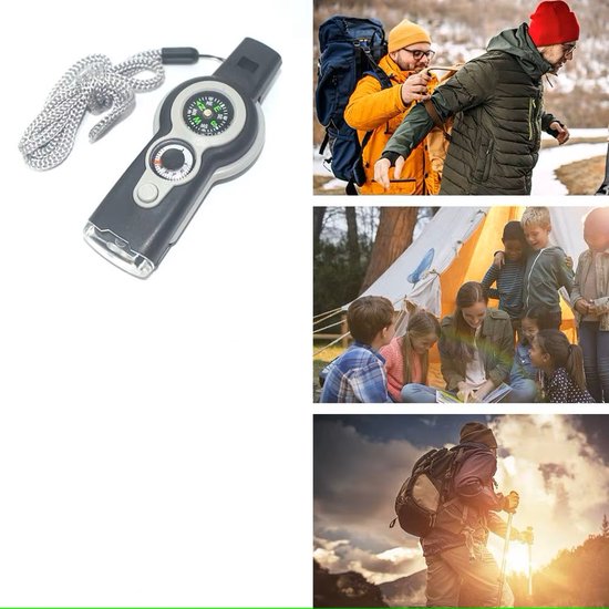 Collage met productfoto's: survival fluit en mensen die kamperen, wandelen en vissen.