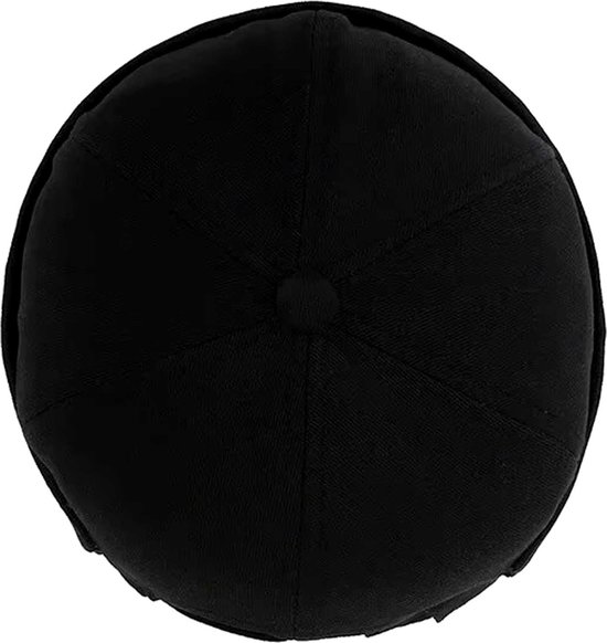 Bovenaanzicht van een zwarte Docker pet met zichtbare naden en een knoop aan de bovenkant.
