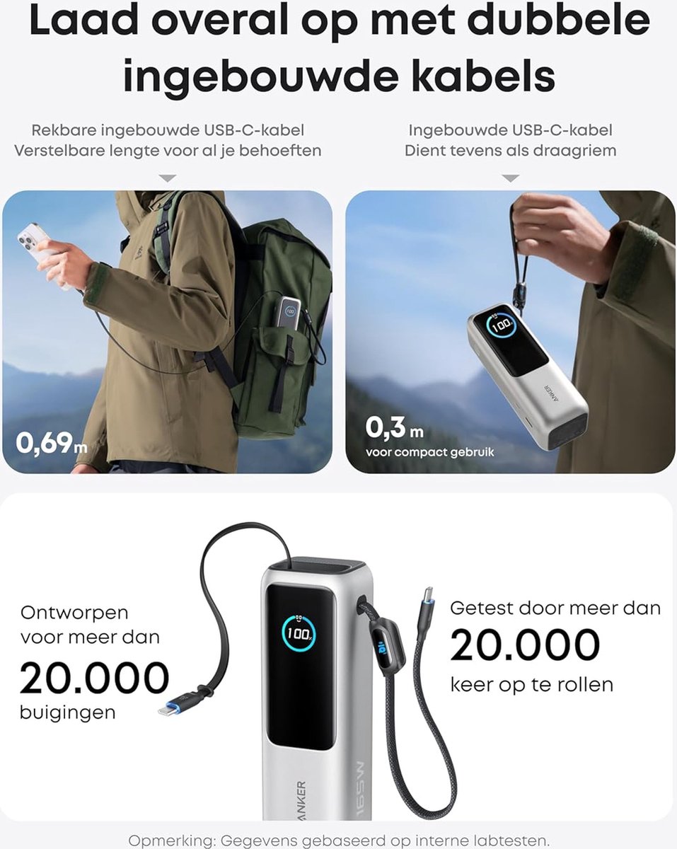 Anker Laptop Power Bank, 25.000mAh Draagbare Oplader met Drie 100W USB-C Poorten voor Meerdere Apparaten Opladen, Ingebouwde en Intrekbare Kabels- Silver – foto 6