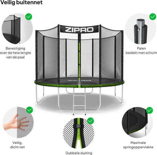 ZIPRO Jump Pro OUT - Trampoline - Ø312cm 10FT - Trampoline met veiligheidsnet - Voor kinderen - Inclusief Ladder - max. 150 kg - UV-bestendig
