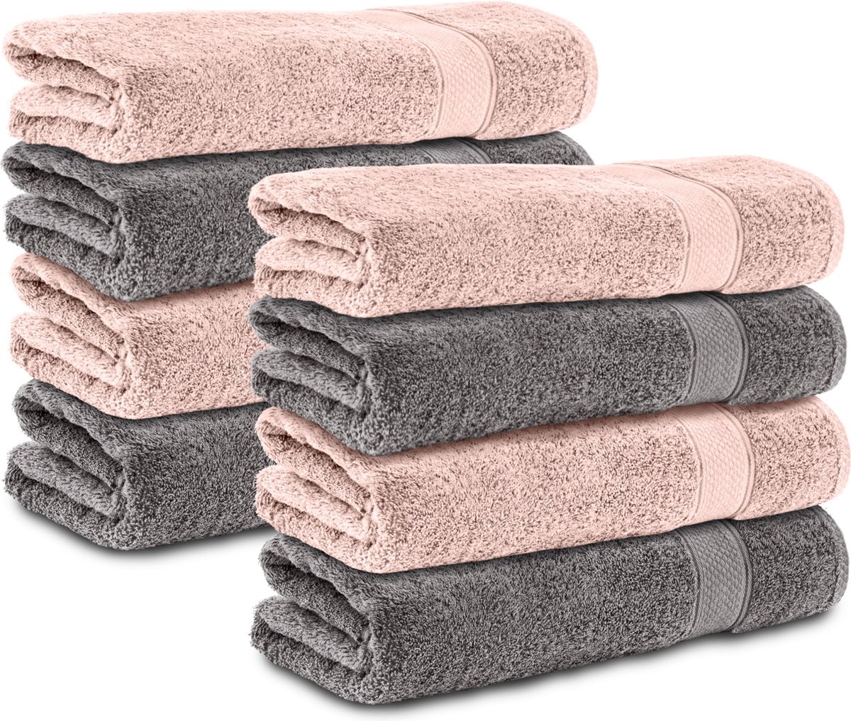 Komfortec 8x Handdoek 70x140 - 100% Katoen – Handdoekenset - Zacht - Antraciet/Roze