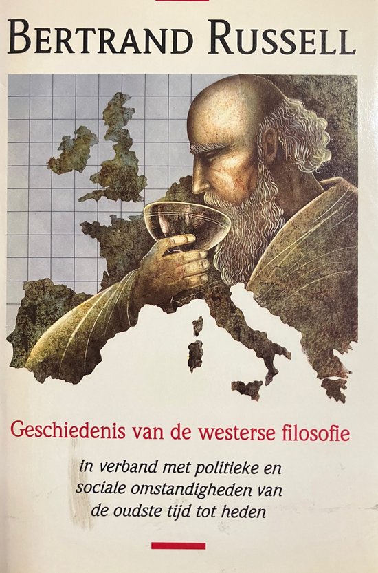 Boekomslag met een illustratie van Bertrand Russell die een beker vasthoudt tegen een kaart van Europa. Titel: Geschiedenis van de westerse filosofie.