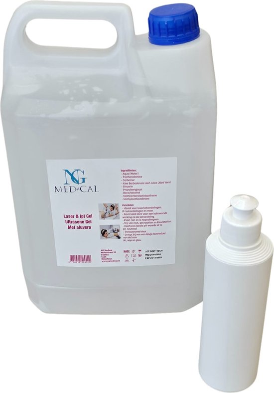 ULTRASOUND GEL 5000 ml LASER GEL met Aloë vera - ipl gel - Diode ontharing gel + 250ml tube - Cosmetische Gel NG Medical - Galon - Tijdelijke Actie Prijs.