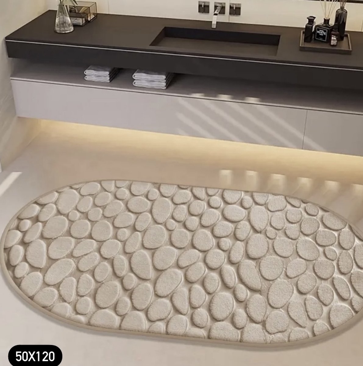 Twenty Two ovaal fleece badkamermat van gebreid stof 50x120cm (beige/rosé) luxe design - langwerpig vorm douchemat voor bad, douche, zacht en absorberend, antislip mat - badkameraccessoire - geeft je badkamer een luxe uitstraling