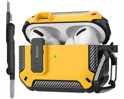 Sounix Hoesje geschikt voor Airpods Pro 1 / 2 - Met schoonmaak borstel - Airpods Pro Hoesje - Armor Case met Lock - Geel