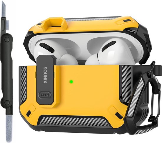 Sounix Hoesje geschikt voor Airpods Pro 1 / 2 - Met schoonmaak borstel - Airpods Pro Hoesje - Armor Case met Lock - Geel