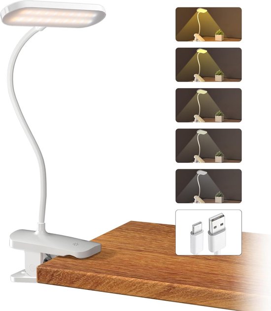 Foto: Oplaadbare clip on leeslamp voor bedbodem 5 kleuren en 5 helderheidsniveaus touch control bureau lamp met flexibele arm oogbeschermende bedlamp voor boeken geschikt voor stapelbedden en nachtstand wit energieklasse g
