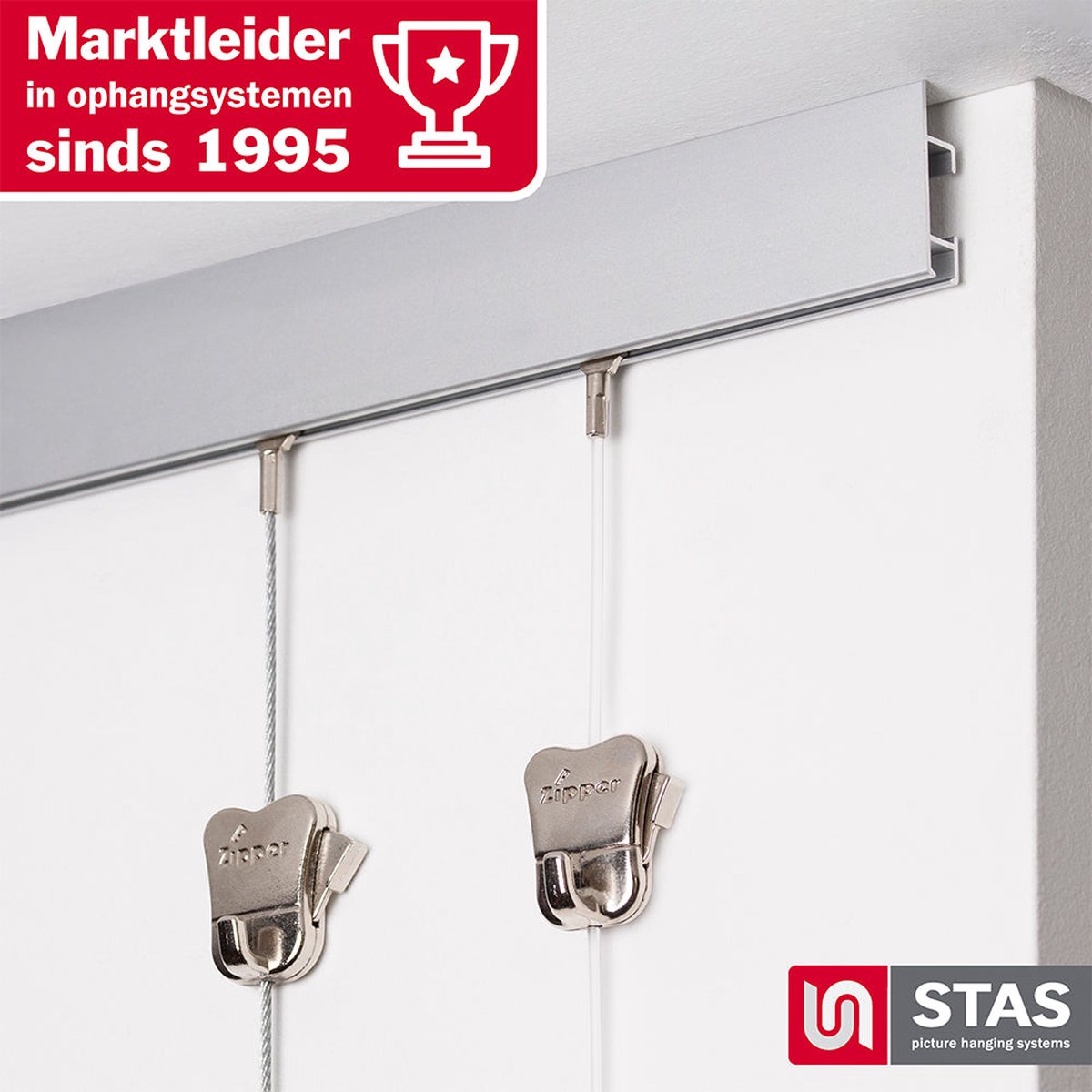 STAS Schilderijrail - Ophangsysteem Schilderijen / Fotolijsten / Poster - Ophangrails - Zonder Boren - Ophanghaak - Ophangrek - Schilderijrails - Cliprail Max - Aluminium - 150 cm - Complete Kit