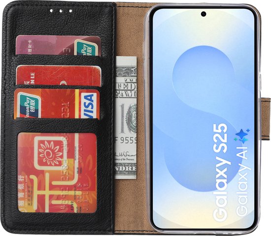 Étui avec 3 Protecteurs d'écran pour Samsung Galaxy S25 - Bibliothèque Arara avec porte-cartes - Zwart