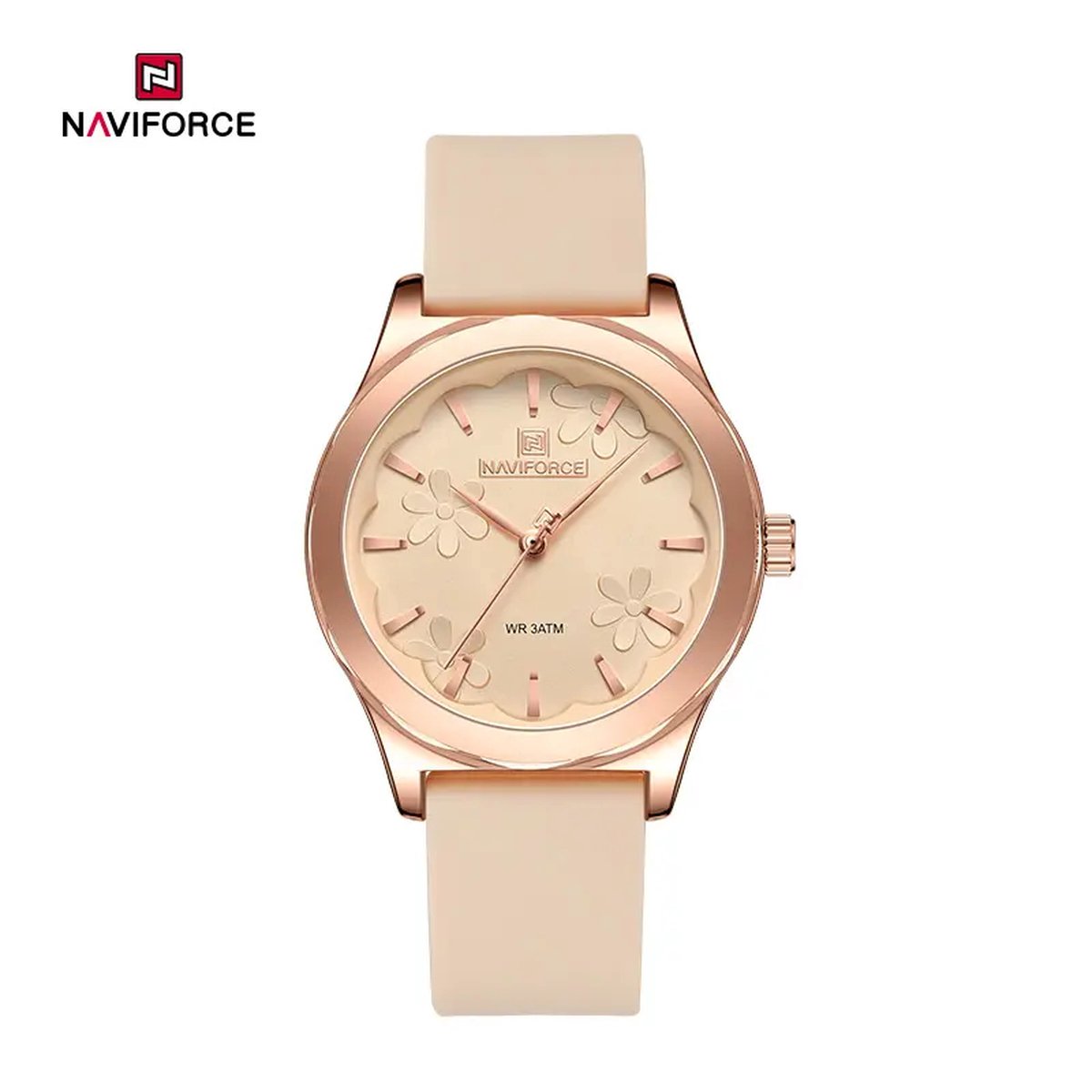 NAVIFORCE horloge met beige siliconen polsband, beige wijzerplaat en rosé gouden horlogekast voor dames met stijl ( model 5051 RGBGBG )