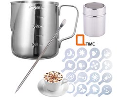 Q-time Luxe RVS Cappuccino / Cacao Poeder Strooier Set - Cacaostrooier Busje - Art pen - Melkkannetje 350ml / Cacao Sjablonen & Barista Latte Art Tools