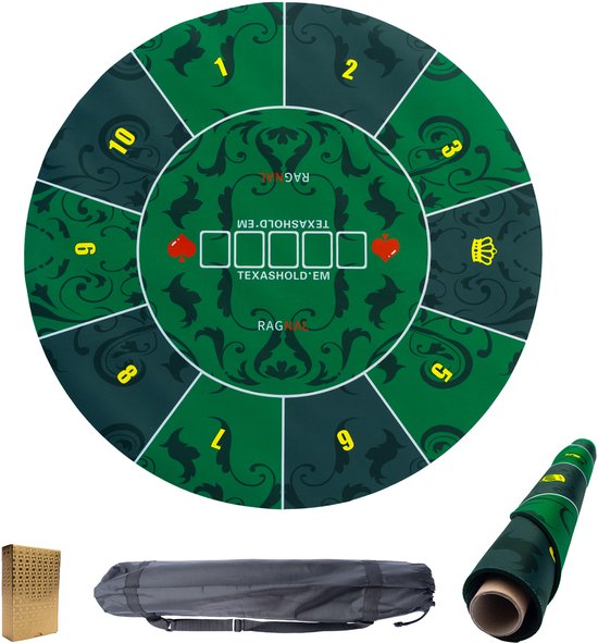 Pokermat - Pokertafel - Rond 60 cm - Oprolbaar Antislip Pokerkleed - Pokerset - Kaartkleed - 2 tot 10 personen - Incl. Draagtas en Goudkleurige pokerkaarten - Groen/Zwart