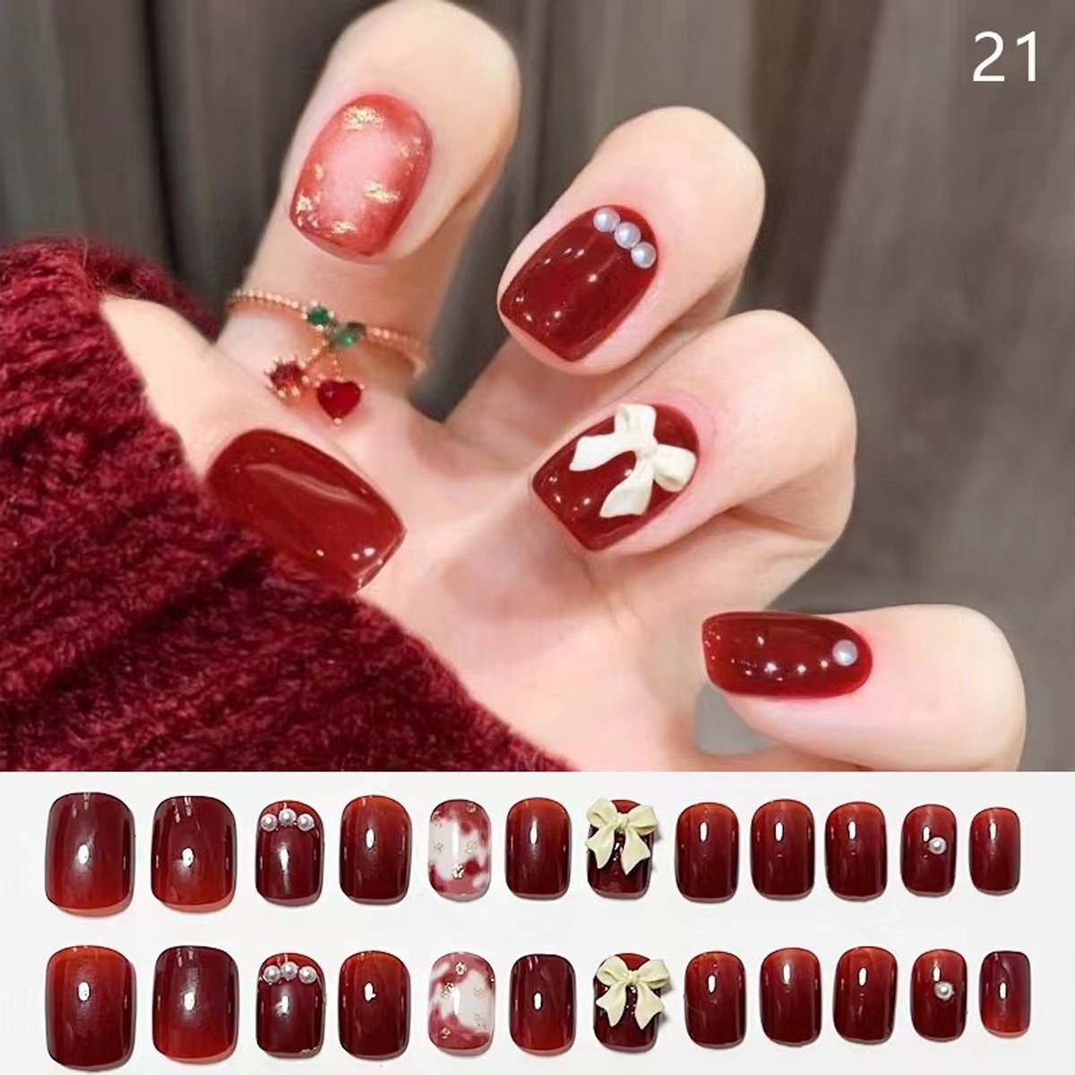verymeet-24Plaknagels-Press On Nails -delicate & comfartable-Bourgondische vlinderstijl