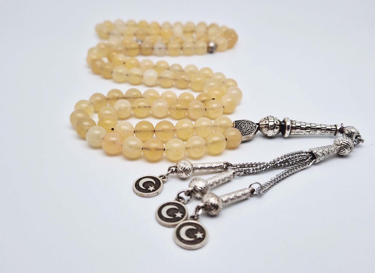 Handgemaakte tesbih "Tasbih" natuursteen " Calciet geel " - Aantal kralen 99 - Diameter kralen 8MM - met metaal tassel "Vlag van Turkije" - Een mooi cadeau-idee