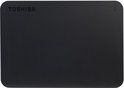 Zwarte Toshiba Canvio Basics externe harde schijf, 2TB, met logo en statuslampje.