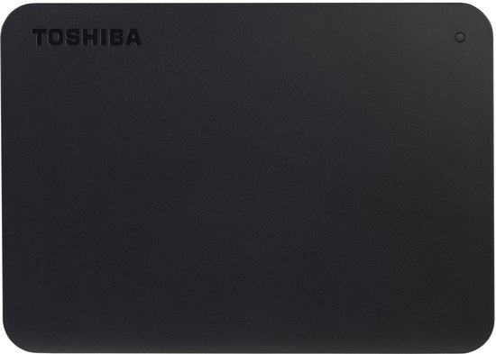Zwarte Toshiba Canvio Basics externe harde schijf, 2TB, met logo en statuslampje.