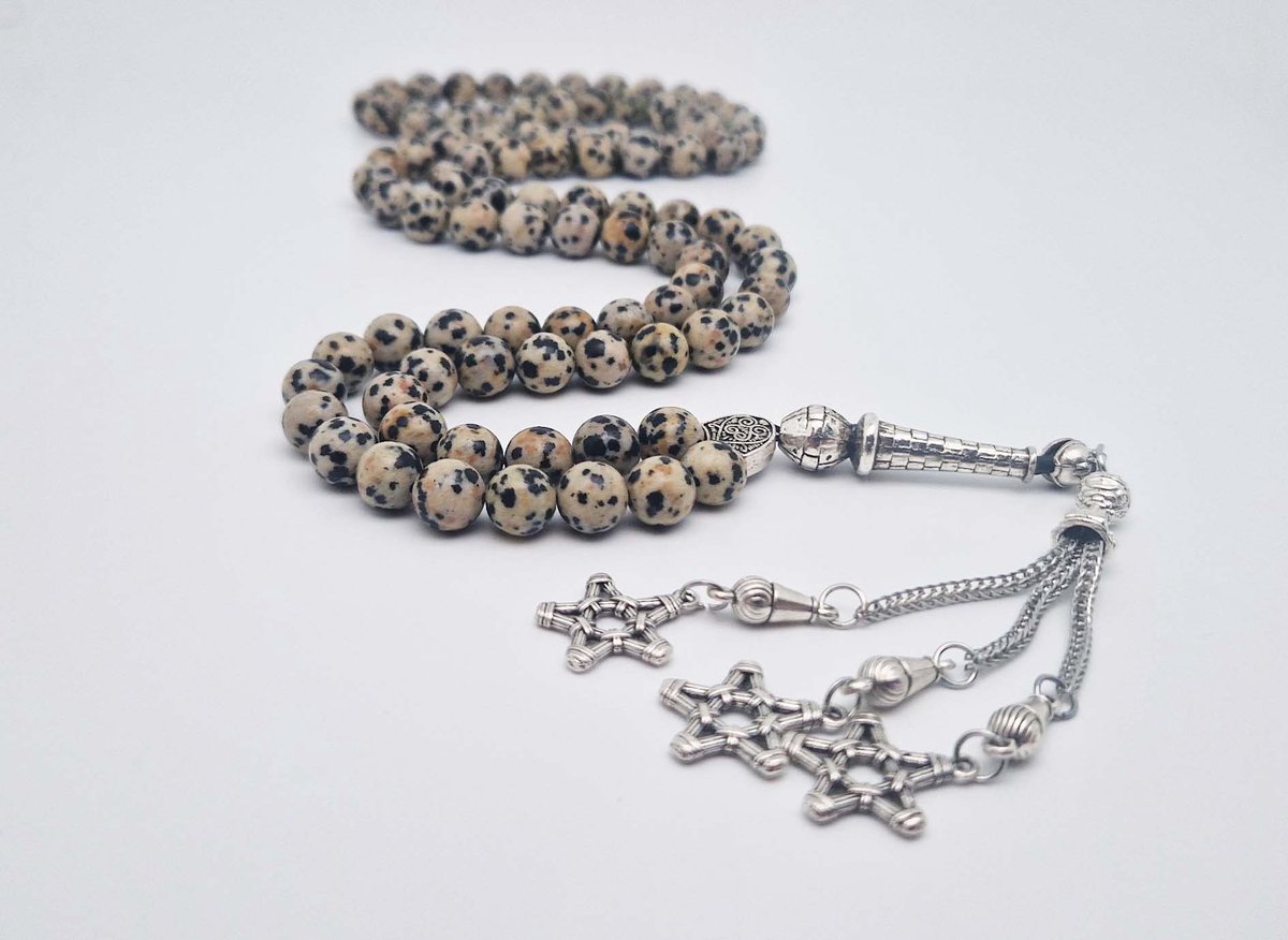 Handgemaakte tesbih "Tasbih" natuursteen " Jasper Dalmatin" - Aantal kralen 99 - Diameter kralen 8MM - met metaal tassel "Grote sterren" - Een mooi cadeau-idee
