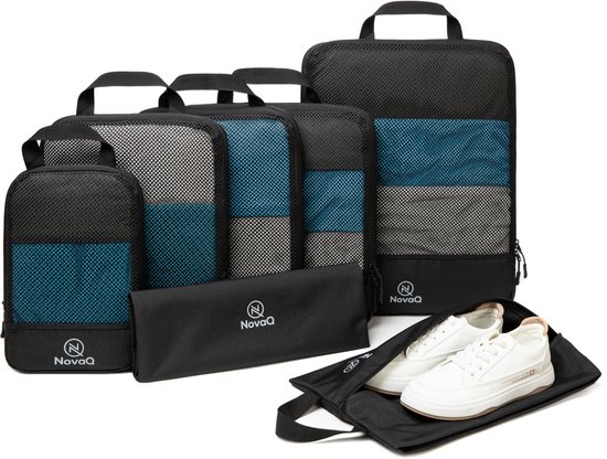 NovaQ Packing Cubes Compression 7-delig Set - Compressierits - Bagage Organizers voor Koffers,Reistas, Rugzak – Lichtgewicht & Duurzaam – Inclusief Schoenenzak & Waszak
