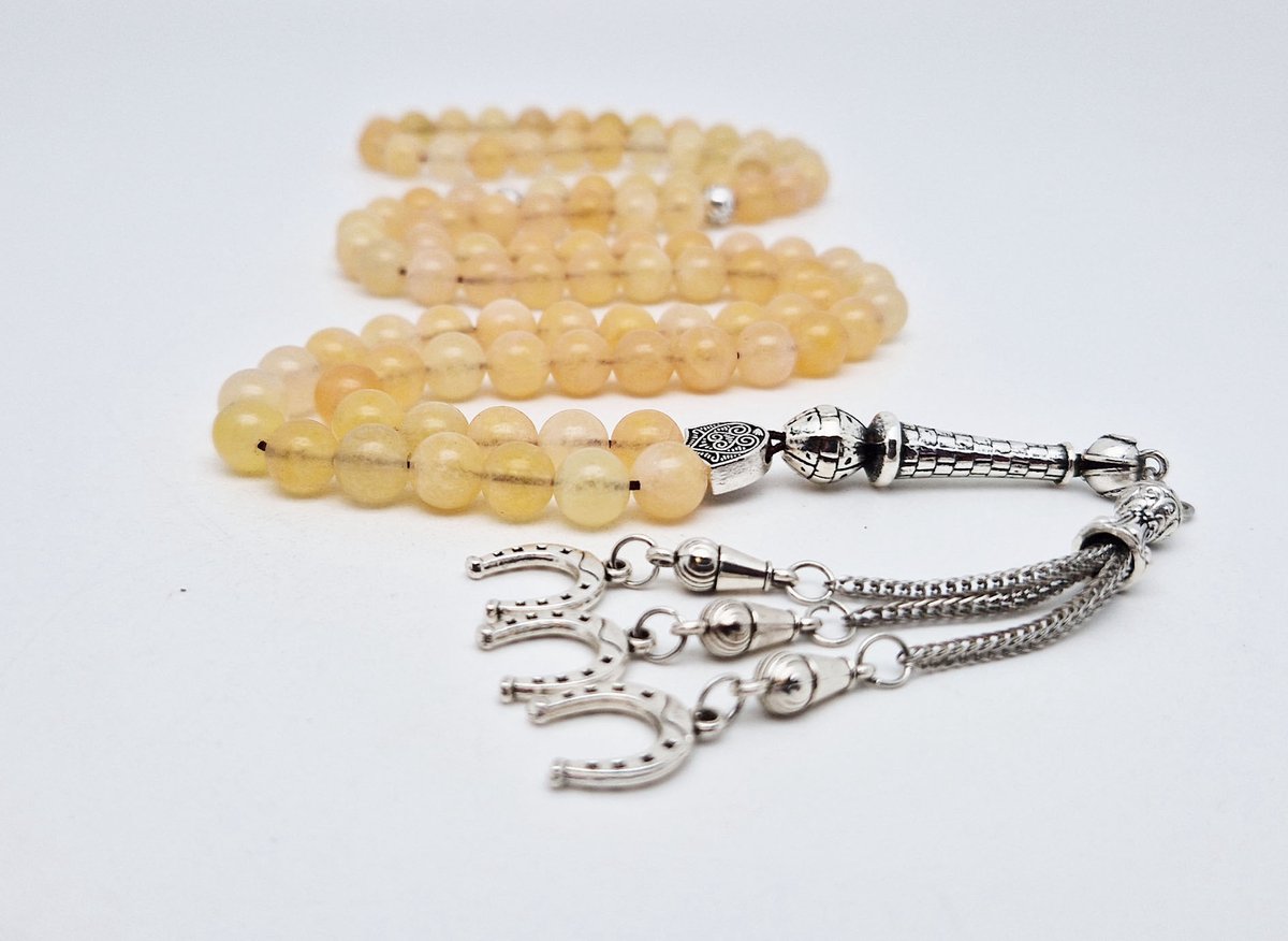 Handgemaakte tesbih "Tasbih" natuursteen " Calciet geel " - Aantal kralen 99 - Diameter kralen 8MM - met metaal tassel "Hoefijzer" - Een mooi cadeau-idee