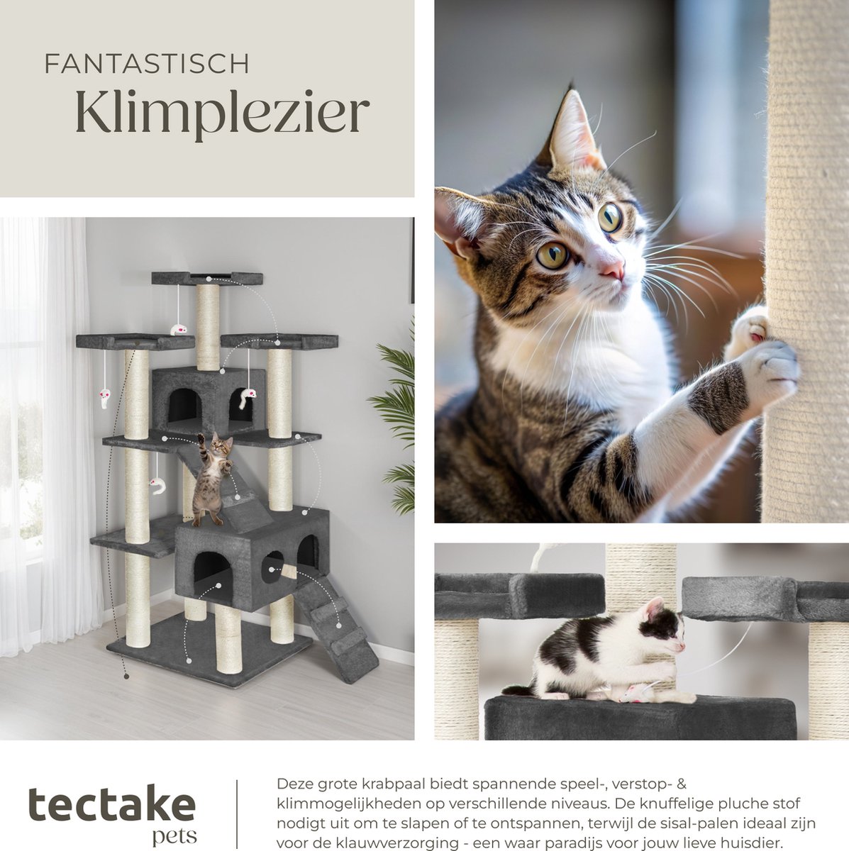 tectake® XXL Luxe Sisal-Krabpaal 186 cm Hoog met Speelgoed en Accessoires voor Kittens en Katten | Sisaltouw Krabpaal met Kattengrot, Kattenhuis, Kattentrap en Uitkijkplatforms - Grijs