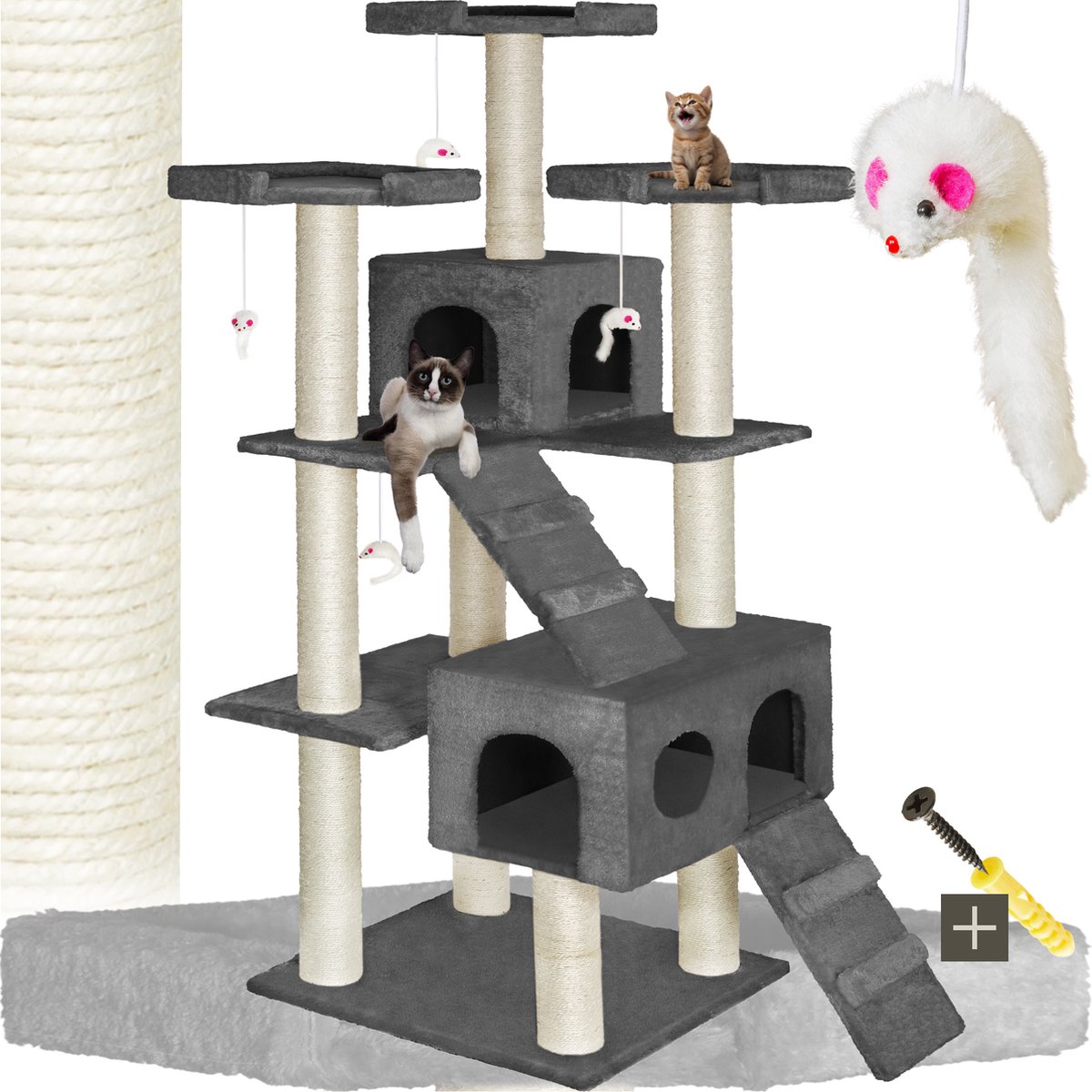 tectake® XXL Luxe Sisal-Krabpaal 186 cm Hoog met Speelgoed en Accessoires voor Kittens en Katten | Sisaltouw Krabpaal met Kattengrot, Kattenhuis, Kattentrap en Uitkijkplatforms - Grijs