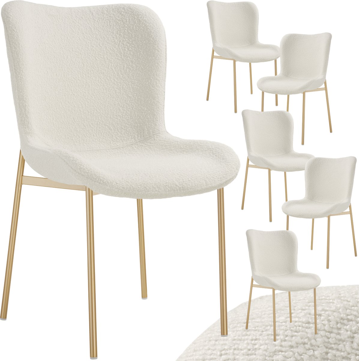 tectake® Gestoffeerde stoel - Eetkamerstoel - Bouclé stof - Ergonomische vorm - Hoge rugleuning - Draagkracht 120 kg - Diverse kleuren - Set van 6 - Wit/goud