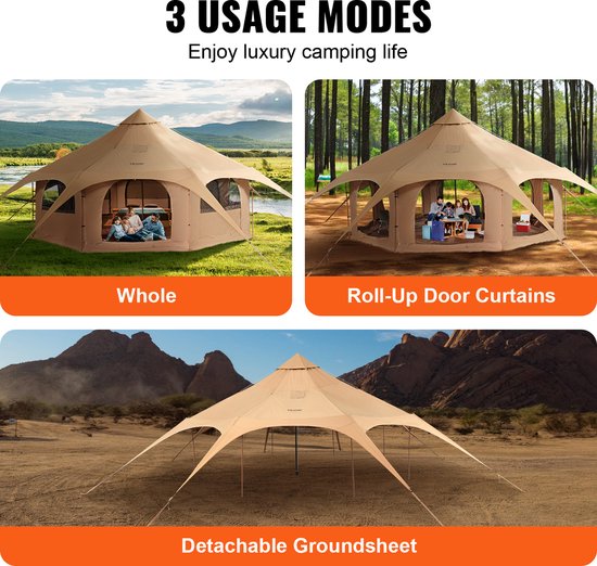 VEVOR Bell Tent 5 X 2,8 M Yurttent Tc Katoen en Zware Ijzeren Palen Met Een Oxford-Doek Grondzeil Campingtent 8-Persoons Familietent 8 Raamgroeptent voor Buitenavonturen van Vevor — afbeelding 4