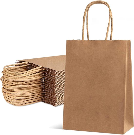 50 kleine papieren cadeautasjes met handvat 18x8x22cm bruin / tassen Kraft Papier Tasjes met gedraaid handgrepen / Zakjes / Verjaardag - Feest - Huwelijk-Kerst/