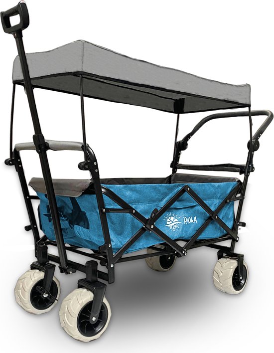 Rijoka Luxe Opvouwbare Bolderkar/Bolderwagen | Dakje en Crosswielen | Telescopische Stang | Draagkracht 100 kg | Jeans Blauw