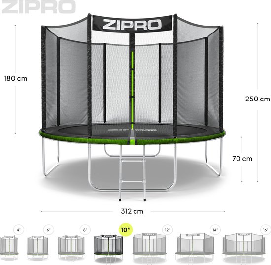 ZIPRO Jump Pro OUT - Trampoline - Ø312cm 10FT - Trampoline met veiligheidsnet - Voor kinderen - Inclusief Ladder - max. 150 kg - UV-bestendig