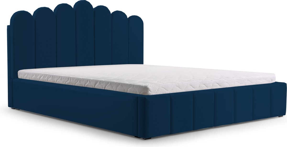 Tweepersoonsbed met fluwelen bekleding, met hoofdeinde, lattenbodem, bed voor volwassenen - BED 03 - 140x200 - Donkerblauw (TRINITY 31)