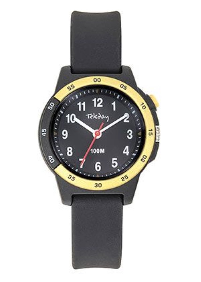 Tekday-Kinder horloge-Analoog-32MM-Waterdicht 10ATM-Lampje-Achtergrond verlichting-Silicone band-Zwart-Goudkleurig