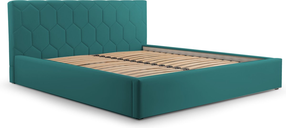 Tweepersoonsbed met fluwelen bekleding, met hoofdeinde, lattenbodem, bed voor volwassenen - BED 02 - 140x200 - Oceaanblauw (TRINITY 29)