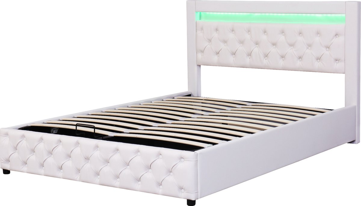 GOTAGEE Gestoffeerd bed tweepersoonsbed 160x200cm functiebed met LED met opbergruimte vlak bed Beige