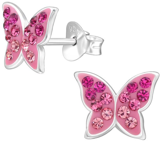 Joie|S - Boucles d'oreilles papillon argent - 9 x 7 mm - cristaux roses - boucles d'oreilles enfant