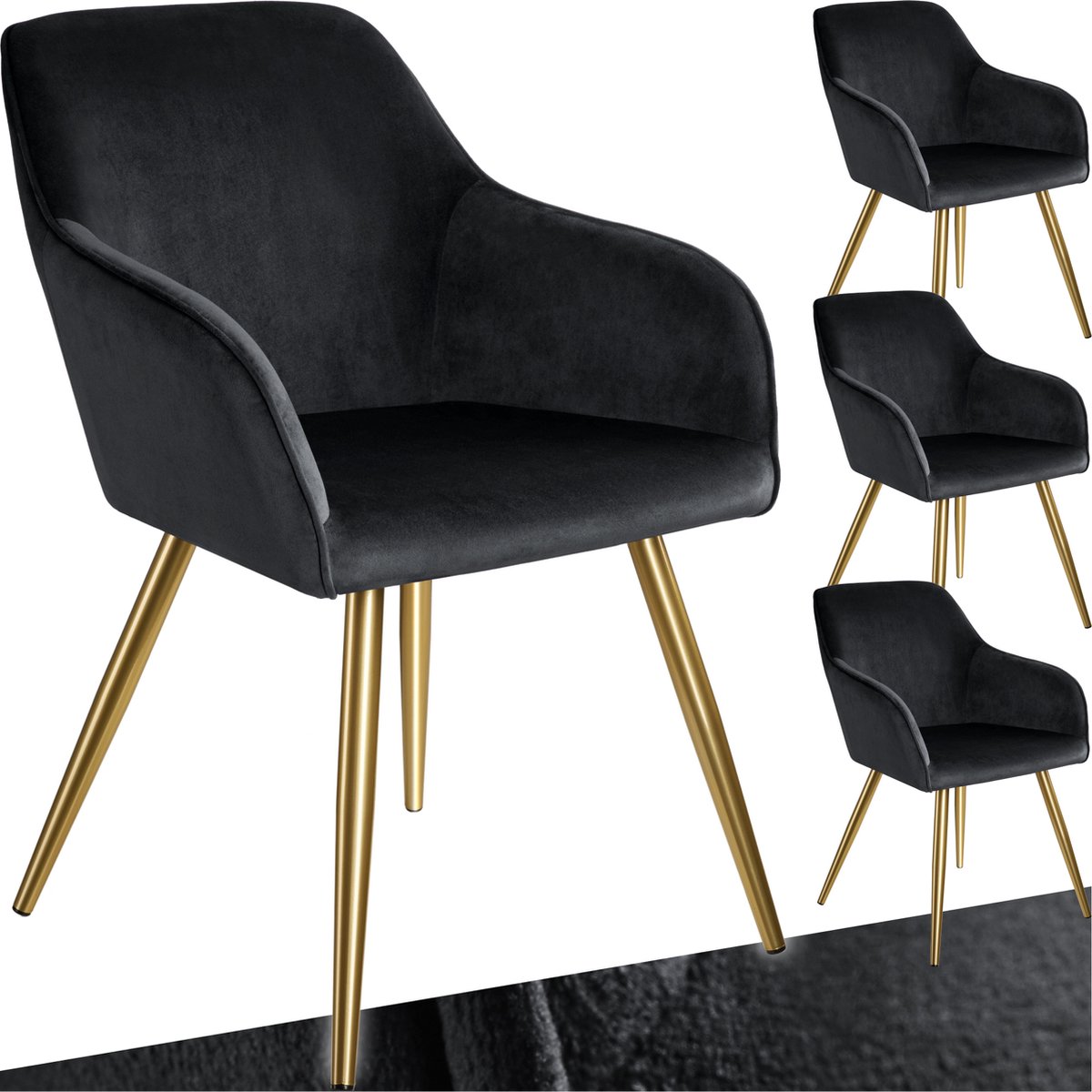 Tectake Eetkamerstoel Marilyn - Set van 4 - Met Armleuningen - Elegante Stoel met Gevoerde Zitting in Fluweellook - Gestoffeerd - Gouden metalen poten - Ergonomische Keukenstoel - Stoel voor Woonkamer, Eetkamer en Slaapkamer - Zwart